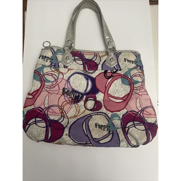 HAPPY COACH 17929 Poppy Multi Heart PINK PURPLE Glam 18x12 Tote Bag RARE - Picture 2 of 14